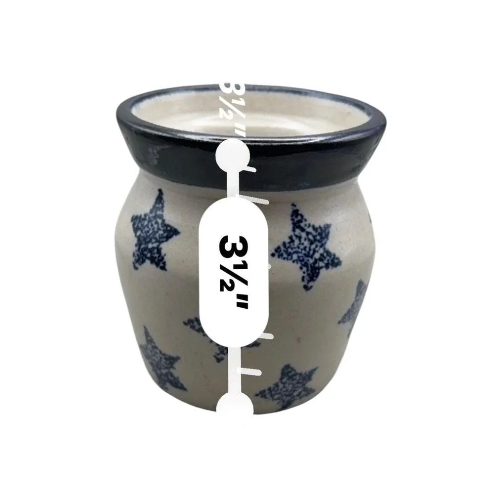 Marshall Pottery Stoneware Crock Blue Sponged Stars Salt Glazed Signed 3.5 Inch